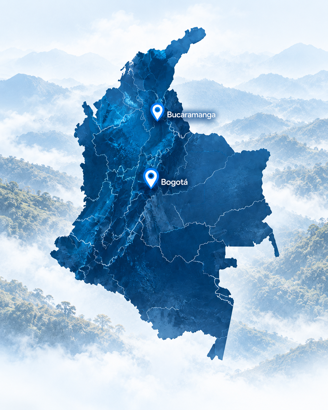 Mapa de Colombia con ubicaciones HIDROVA en Bucaramanga y Bogotá